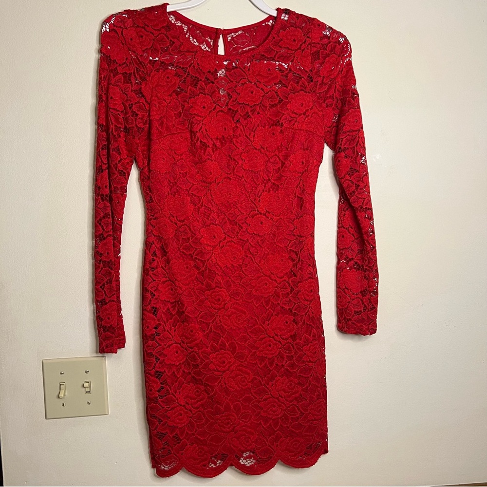 IZ Byer red lace dress see through long‎ sleeves crew neck women's small